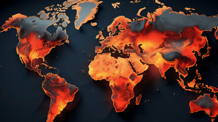 An animated world map with the continents, showing different heat zones, fire and flames representing global warming, desertification and environmental issues