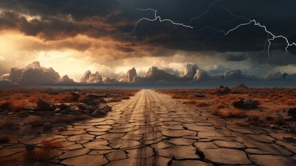 Cracked stormy highway in a deserted desert with grain texture and scratches