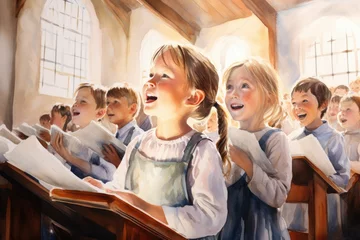 Foto op Canvas Watercolor illustration of a choir of children sing hymns to God in church © Mrs__DoubleF