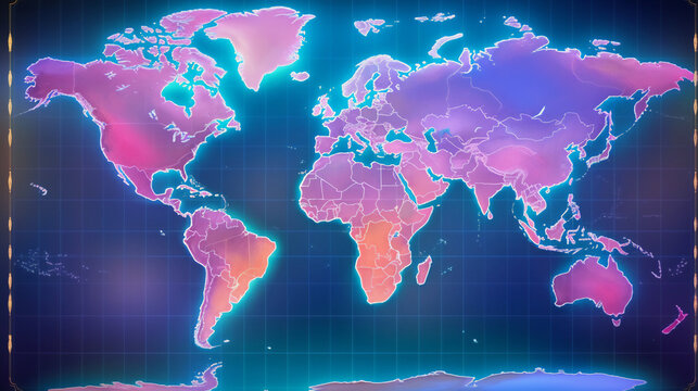 A futuristic computer screen displays a holographic world map on internet with countries and continents. It suggests geostrategy, conspiracy theories, travel and global plans for the 2030 Agenda