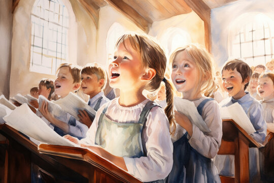 Watercolor illustration of a choir of children sing hymns to God in church