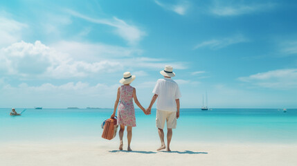 An elderly couple holding hands walk on the sandy beach, enjoying retirement and pension, with blue sky and sea in the background. Wallpaper for a travel agency for old people - Powered by Adobe