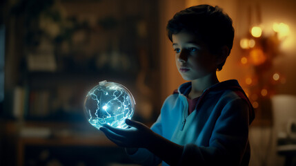 A little boy holding a glass ball with electricity, representing the renewable energies of the future and the interest of the new generations for ecology and technologies.