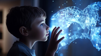 Curious little boy observing the technological hologram of a medical scientific study with bright digital particles. The conceptual map of future is from the current childhood  - obrazy, fototapety, plakaty