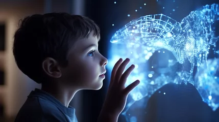 Foto op Plexiglas Curious little boy observing the technological hologram of a medical scientific study with bright digital particles. The conceptual map of future is from the current childhood  © Domingo