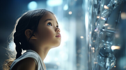 Young Asian girl with braids curiously gazing at a futuristic computational technology surface with wide-open eyes. Digital learning in childhood. - obrazy, fototapety, plakaty