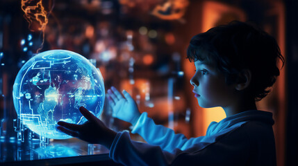 A curious and interested young child approaches a technological blue hologram of a world map,...