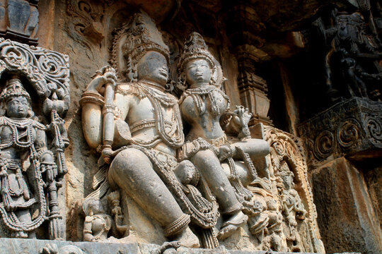 Hassan, Karnataka - January 10, 2020: Siva and Parvathi Statue at Halebidu Temple, India