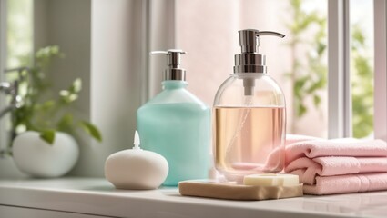 Interior of a bathroom with a colorful bathroom window and a soap dispenser.