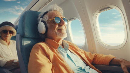A happy senior man with white hair and sunglasses listens to music with headphones while traveling...