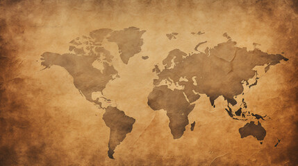 An ancient vintage treasure map of the Earth with the continents on the aged paper of a papyrus or a codex of adventures and travels of a cartographer in burnt, brown and sepia tones. Lost history. - Powered by Adobe