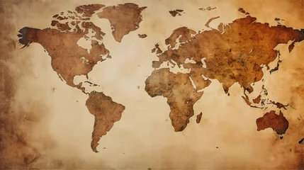 Tableaux ronds sur aluminium Carte du monde An ancient vintage map of the Earth with the continents on the aged paper of a papyrus or a codex of adventures and travels of a cartographer in burnt brown and sepia tones. History wallpaper