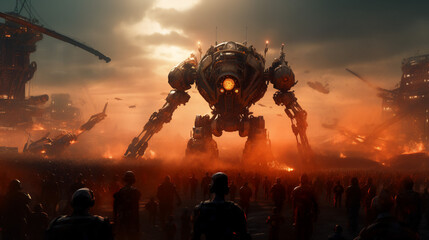 A human army faces a giant robot and futuristic war machines with destructive mechanical artificial intelligence. A cinematic apocalyptic scenario with explosions, bombs and missiles in the background - obrazy, fototapety, plakaty