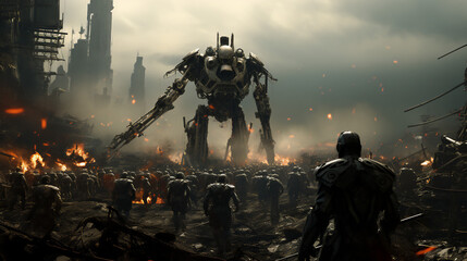 Epic giant robot and human soldiers fight in a war scene, surrounded by fire, smoke and explosions. Apocalyptic dystopian landscape with futuristic machines and cinematic ruins