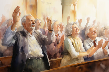 Watercolor illustration of a Group of faithful people in church singing and praying together - obrazy, fototapety, plakaty