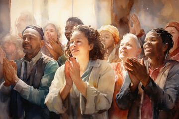 Watercolor illustration of a Group of faithful people in church singing and praying together