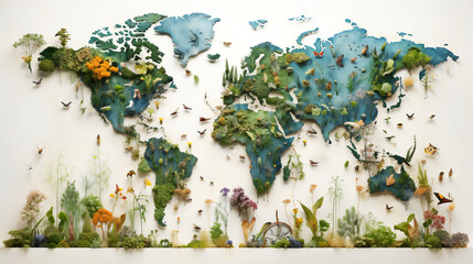 world map shows the relief of the continents and oceans, decorated with animals, flowers, plants and butterflies. Nature atlas with ecological flora and fauna, isolated on a white background wall