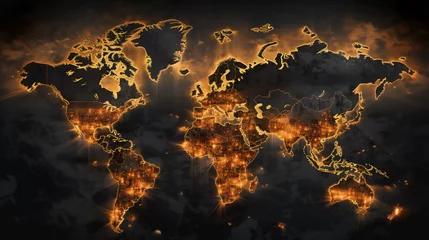 Photo sur Plexiglas Carte du monde A world map in war with military targets where explosions, fire and bombings occur. Hot atlas for climate change and danger of conflict between countries continents.