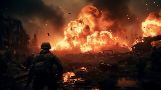 A lone soldier stands in the foreground of an apocalyptic war scene, with atomic bombs exploding in the background and black smoke filling the sky. An epic wallpaper of a dramatic armed conflict
