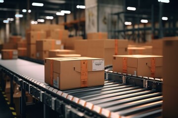 Boxes moving on belt in warehouse. Production line. Logistics and shipping. Generative AI