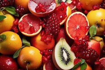 Multi vitamin fruit background - many different healthy organic fruits 