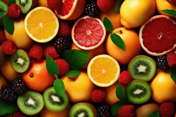 Multi vitamin fruit background - many different healthy organic fruits 