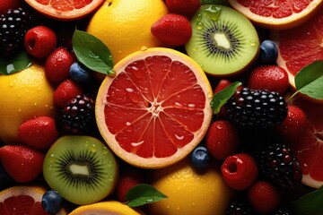 Multi vitamin fruit background - many different healthy organic fruits 