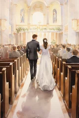 Fotobehang just married couple in the church on their wedding day, elegant watercolor illustration © Mrs__DoubleF