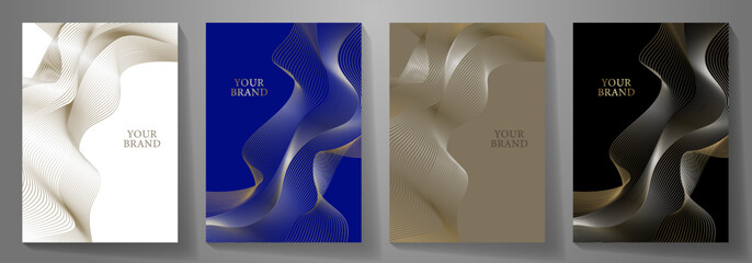 Elegant cover design set. Luxury gold, blue, white, black vector background collection with lines for cover design, invitation, poster, flyer, wedding card, luxe invite, flyer a4, note book.