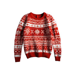 Christmas red knit sweater with patterns. Isolated on transparent background. 