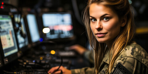 portrait of Command and Control Center Officer, Manage the operation of communications, detection, and weapons systems essential for controlling air, ground, and naval operations.