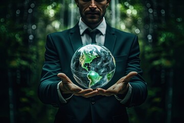 ESG environmental social governance business strategy investing concept. Businessman holding green earth globe world .Ethical and sustainable investing. Enhance ESG alignment of investments . Eco