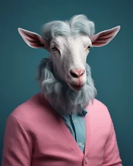 Fotobehang A goat with horns in a pink shirt © Oleksii Halutva