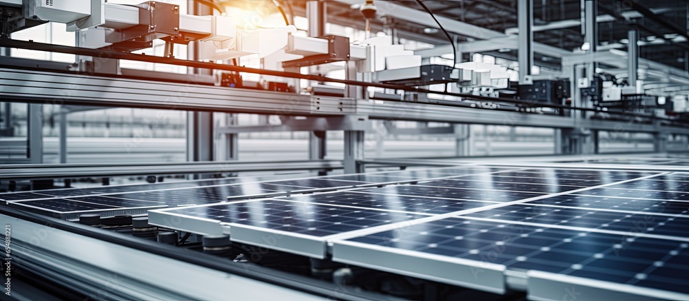 Poster solar panel being produced on a modern factory conveyor line with copyspace for text