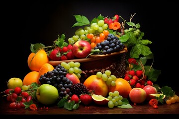 an assortment of ripe fruits, brightly lit set, artistic arrangement. Generative AI