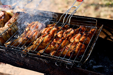 Pork kebabs on skewers and grilled chicken. grilled meat from nature
