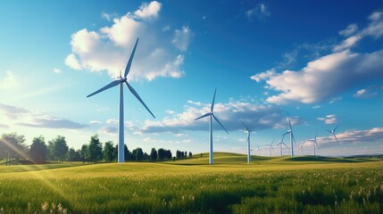 Wind turbine farm generating electricity clean energy on field grass with blue sky. Green energy.