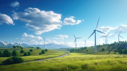 Obraz premium Wind turbine farm generating electricity clean energy on field grass with blue sky. Green energy.