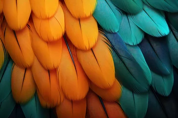 Poster Beautiful colorful background of toucan feathers, backdrop of exotic tropical bird feathers © pundapanda