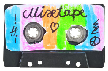 vintage cassette tape, personal mixtape with handmade cassette sticker,isolated on white background
