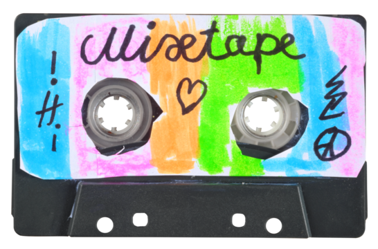 vintage cassette tape, personal mixtape with handmade cassette sticker,isolated on white background