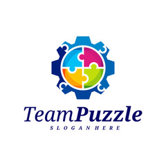 Gear Puzzle logo design vector template, Vector label of puzzle, illustration, Creative icon, design concept
