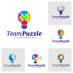 Set of Bulb Puzzle logo design vector template, Vector label of puzzle, illustration, Creative icon, design concept