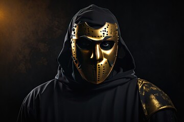 Fototapeta na wymiar man in a golden mask and black hood. ai generative
