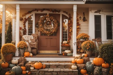 Cute and cozy cottage with fall decorations pumpkins. ai generative
