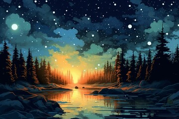 Festive background with glowing pine trees, starry sky, and river. Generative AI