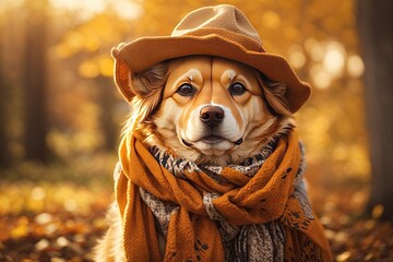 Cute dog wearing a scarf and warm hat. ai generative