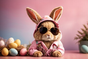Fototapeta na wymiar Cute Easter Bunny Dressed with Sunglasses. ai generative