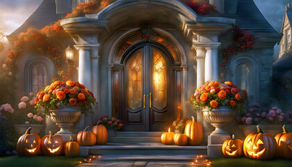 Obraz premium Halloween pumpkins near the entrance to the house for the holiday.