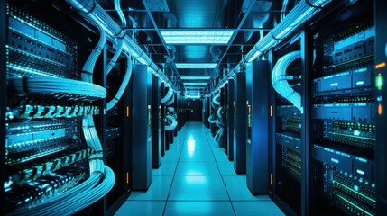 Obraz premium Server room with switch, internet cables and wires. Fiber optic equipment in data center. Network background